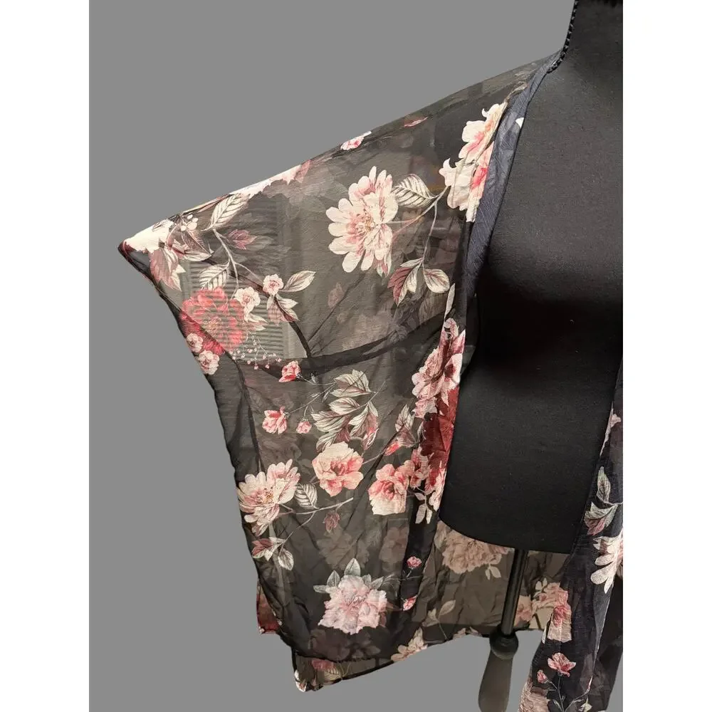 Women's Black Floral Sheer Kimono Cardigan Boho Open Front Cover Up One Size